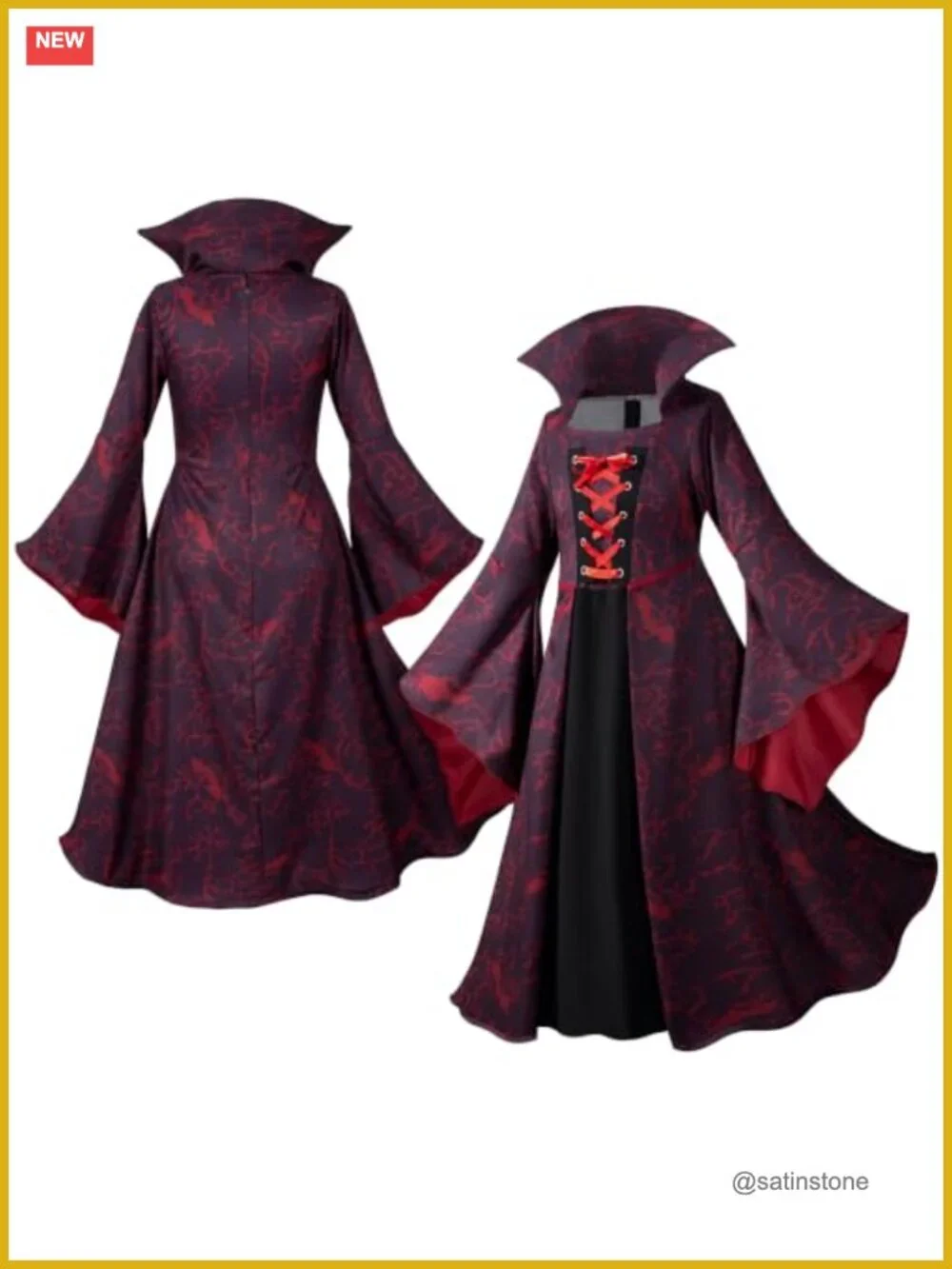 Kids Gothic Victorian Vampiress Dress Costume Set with Fangs, Staff & Choker